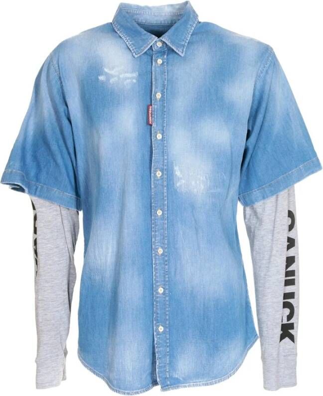Dsquared2 Denim Overhemd Lange Mouwen Drukknop Sluiting Bedrukt Logo Detail Blauw Heren