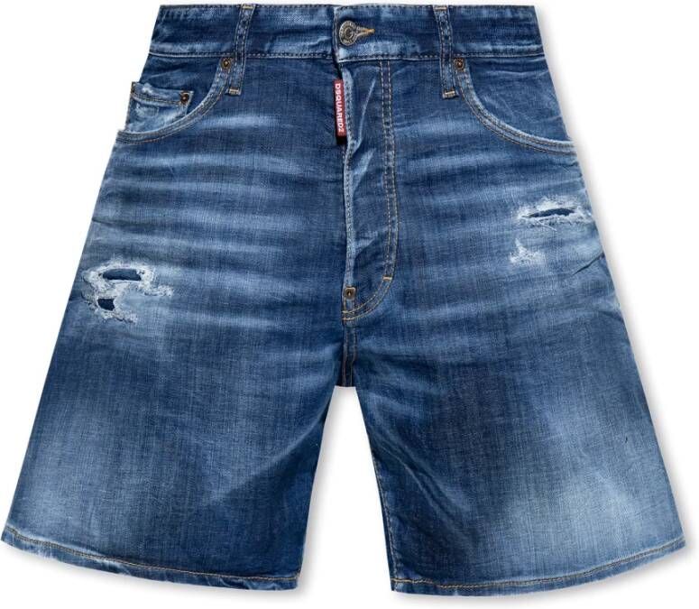Dsquared2 Losse Denim Shorts met Vernietigde Details Blue Heren