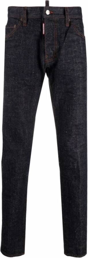 Dsquared2 Donkerblauwe Straight Jeans met Leren Logo Print Blauw Heren