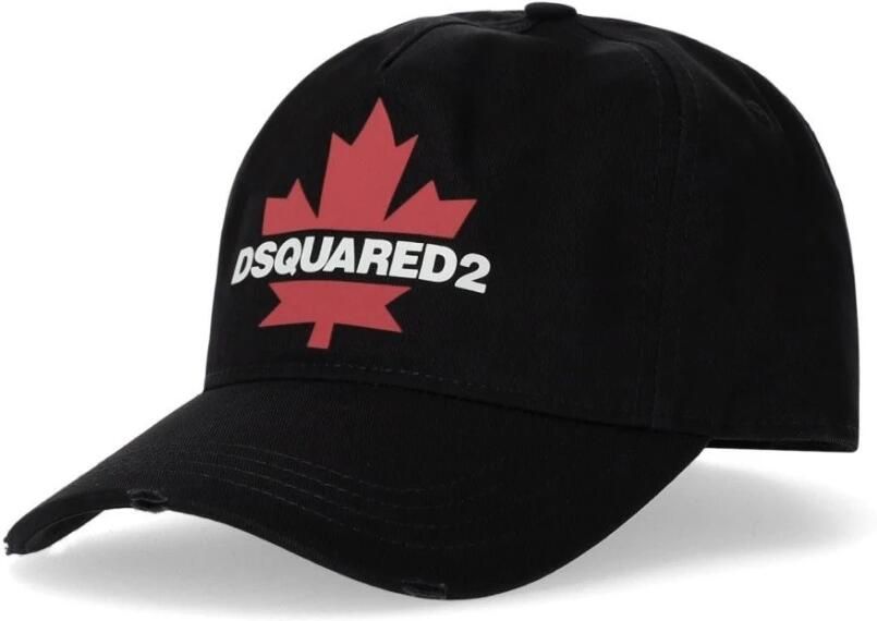 Dsquared2 Zwarte Hoed met Logo en Esdoornbladprint Black Heren