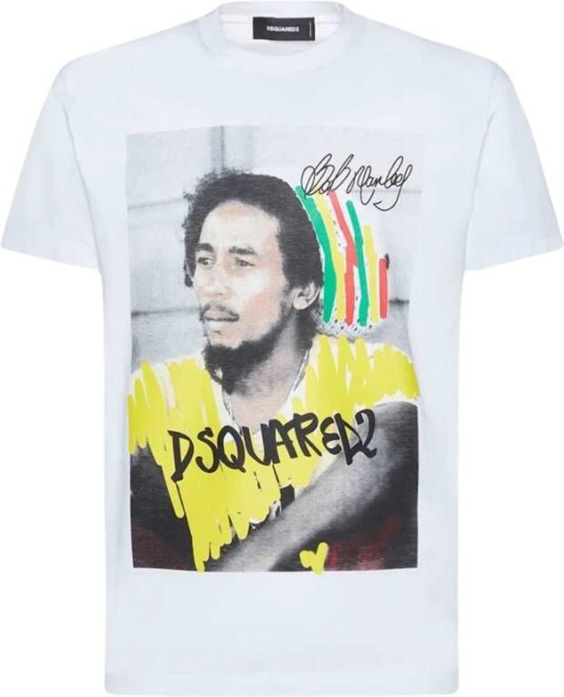 Dsquared2 Grafisch Bedrukt Bob Marley T-Shirt Maat L Wit White Heren