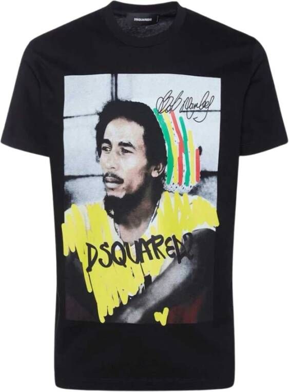 Dsquared2 Grafisch Bedrukt Bob Marley T-Shirt Maat L Zwart Black Heren