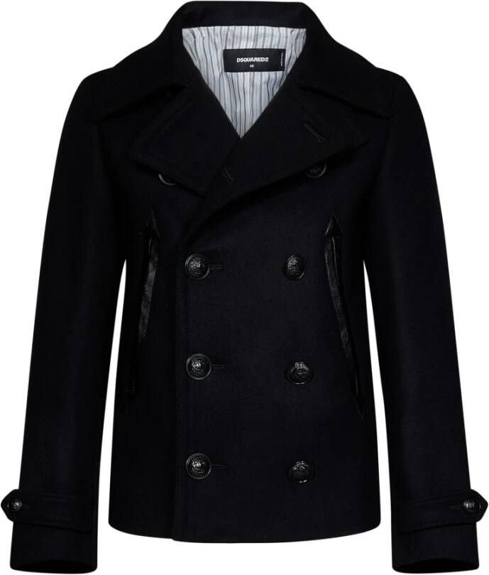 Dsquared2 Zwarte dubbelrijige jas met leren details Black Heren
