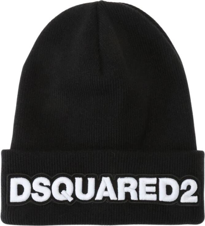 Dsquared2 Zwarte Logo Wol Hoed met Opgeklapte Klep Black Heren