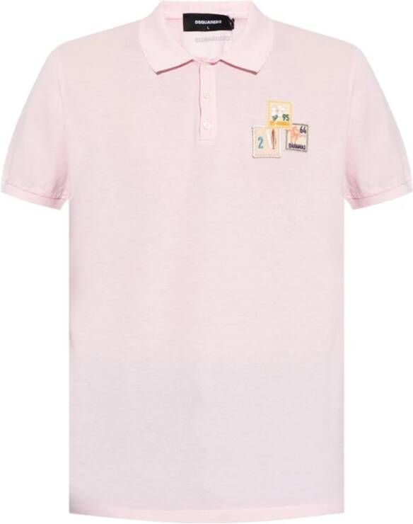 Dsquared2 Logo Polo Shirt Roze Katoen Knoopsluiting Postzegel Patches Roze Heren