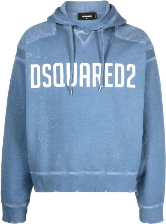Dsquared2 Logo-Print Distressed Hoodie Blauw Heren