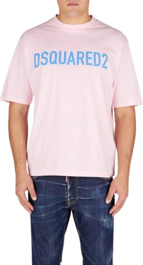 Dsquared2 Lichtroze en Hemelsblauw Katoenen Logo Print T-Shirt Pink Heren