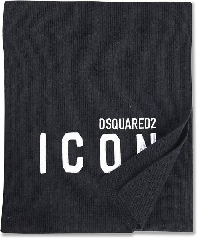 Dsquared2 Zwarte Wollen Sjaal met Geborduurd Icon Logo Black Heren