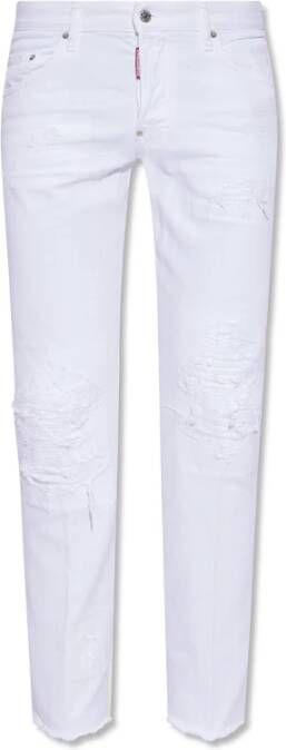 Dsquared2 Skater Jeans met Versleten Wit Denim en Logo Patch White Heren