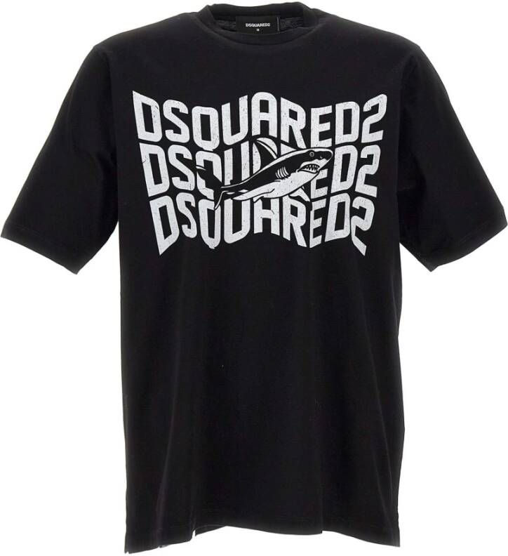 Dsquared2 Zwart T-shirt met Haai en Logo Print Black Heren
