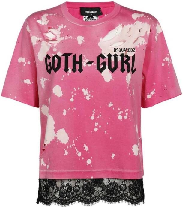 Dsquared2 Italiaans Bedrukt T-shirt met Banddetail Pink Dames