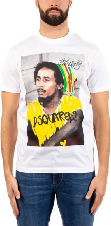 Dsquared2 Grafisch Bedrukt Bob Marley T-Shirt Maat L Wit White Heren