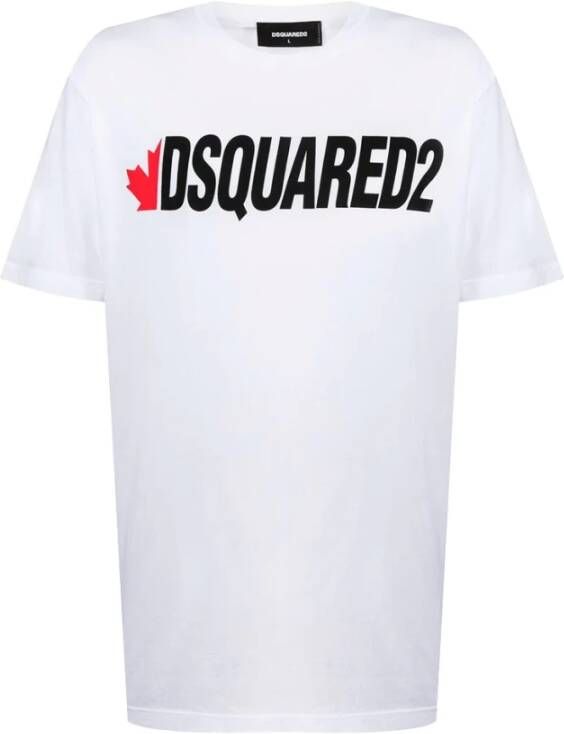 Dsquared2 Wit T-Shirt met Zwart Logo en Rode Canadese Blad White Heren