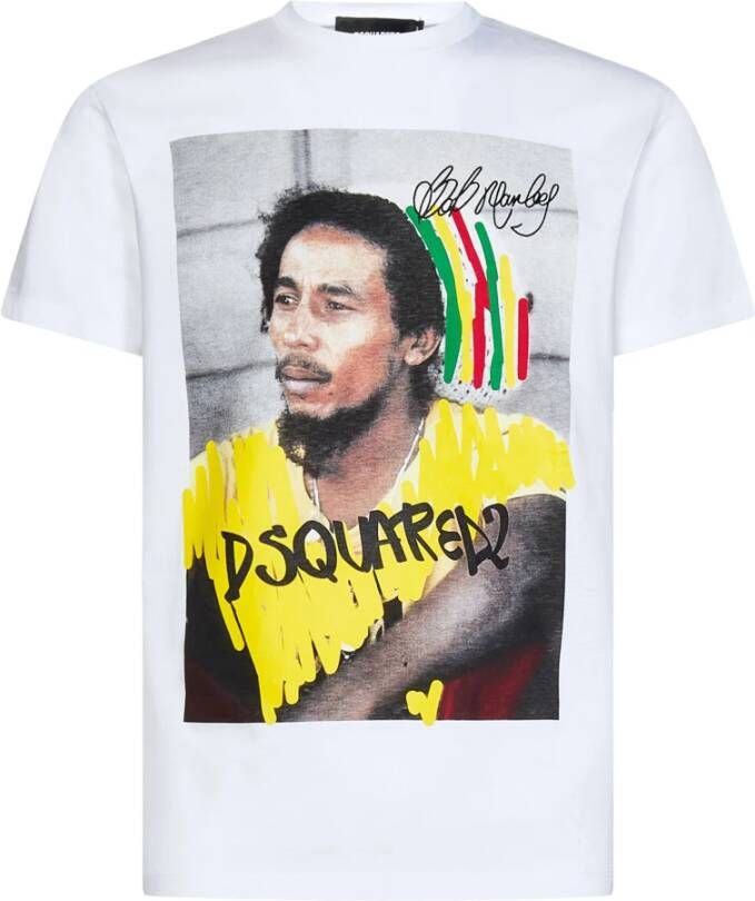 Dsquared2 Grafisch Bedrukt Bob Marley T-Shirt Maat L Wit White Heren