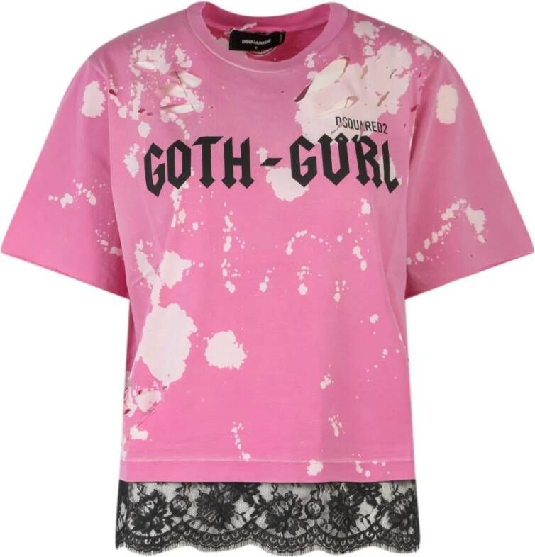 Dsquared2 Verweerde katoenen T-shirt met voorprint Roze Dames