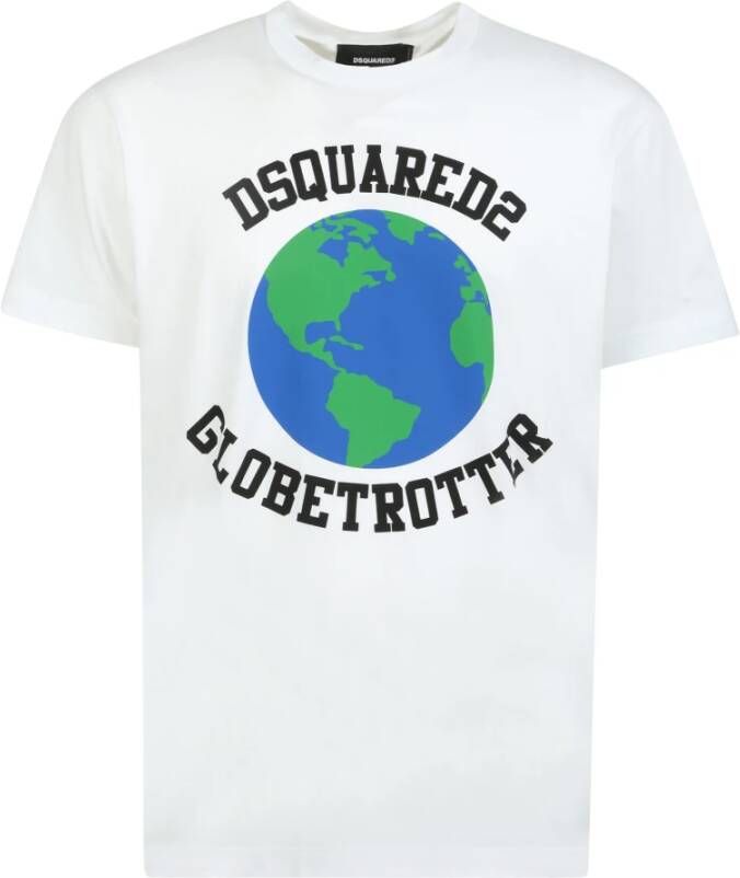 Dsquared2 Wit Globetrotter Print T-Shirt White Heren