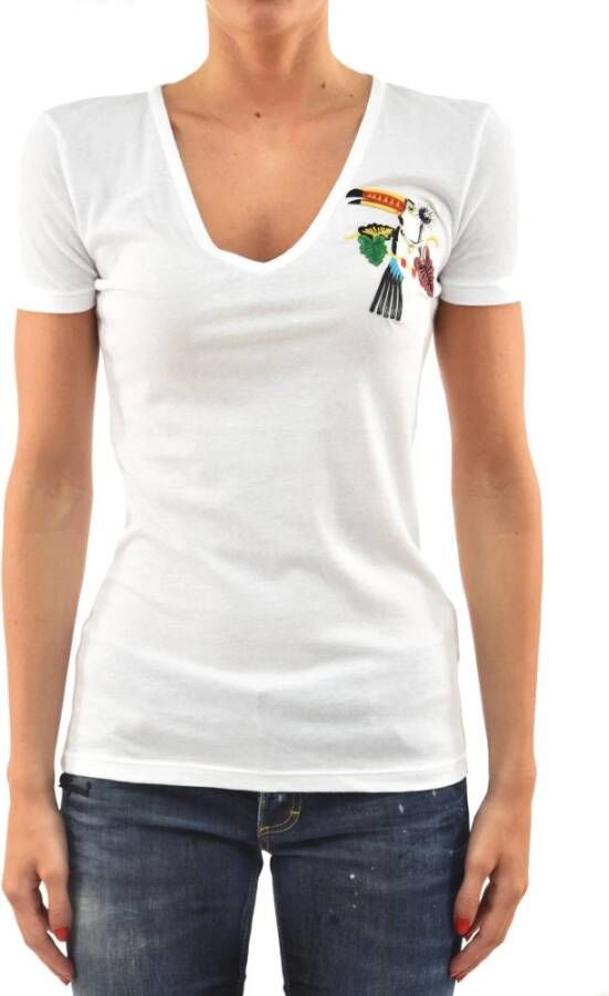 Dsquared2 Wit Katoenen Logo T-Shirt met Multikleurige Papegaai White Dames