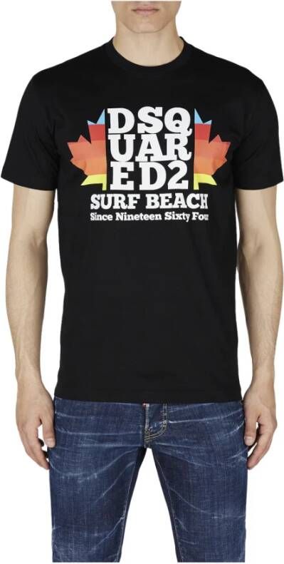 Dsquared2 Zwart D2 Surf T-Shirt Slim Fit Bladprint Zwart Heren