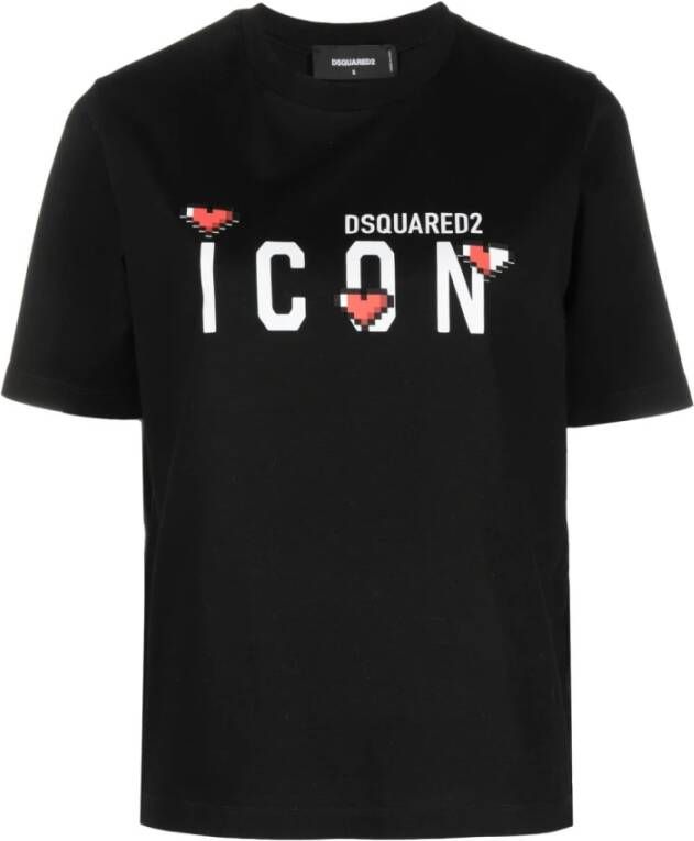 Dsquared2 Zwarte katoenen T-shirt met logo print en opgestikte hartjes Black