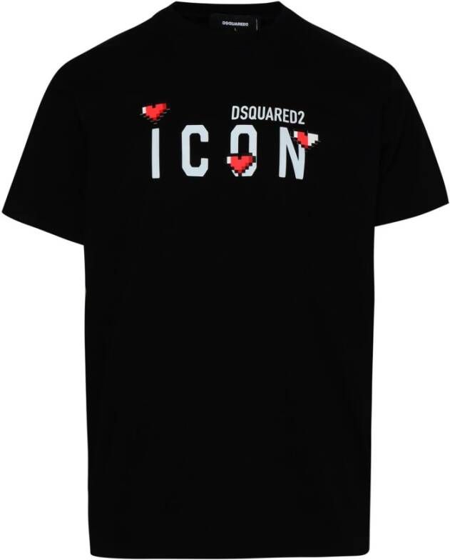 Dsquared2 Zwarte katoenen T-shirt met logo print en opgestikte hartjes Zwart