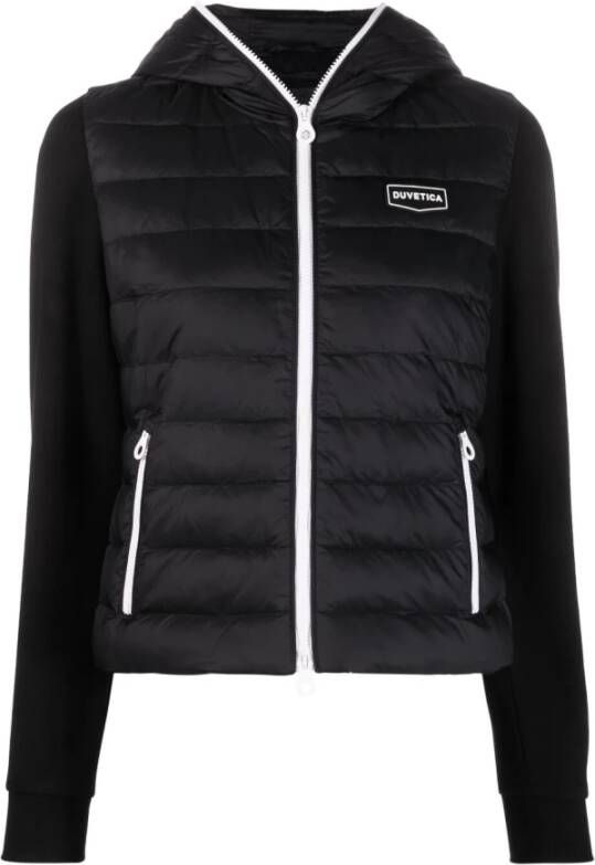 Duvetica Zwarte korte jas met logo rits fleece mouwen capuchon en zakken Zwart Dames