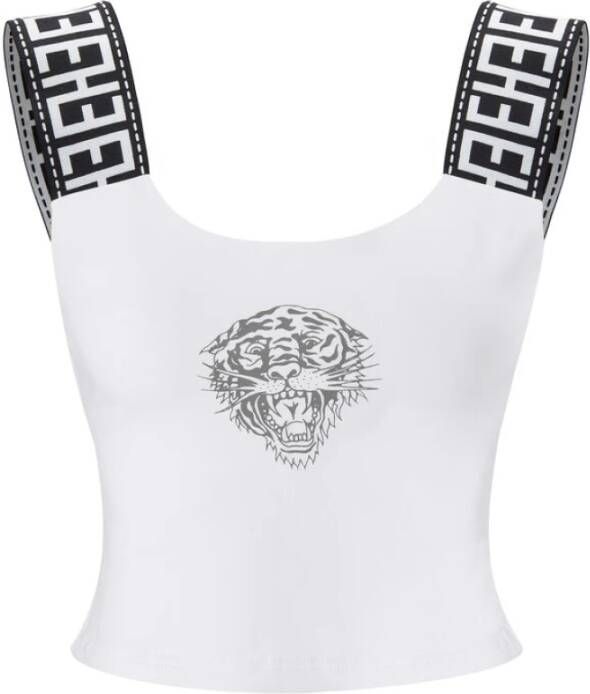 Ed Hardy T-shirt Korte Mouw Tiger glow tape crop tank top white