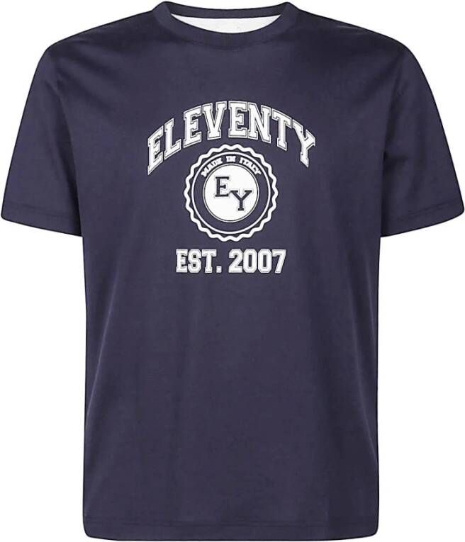 Eleventy College Print Ronde Hals T-Shirt Blauw Heren
