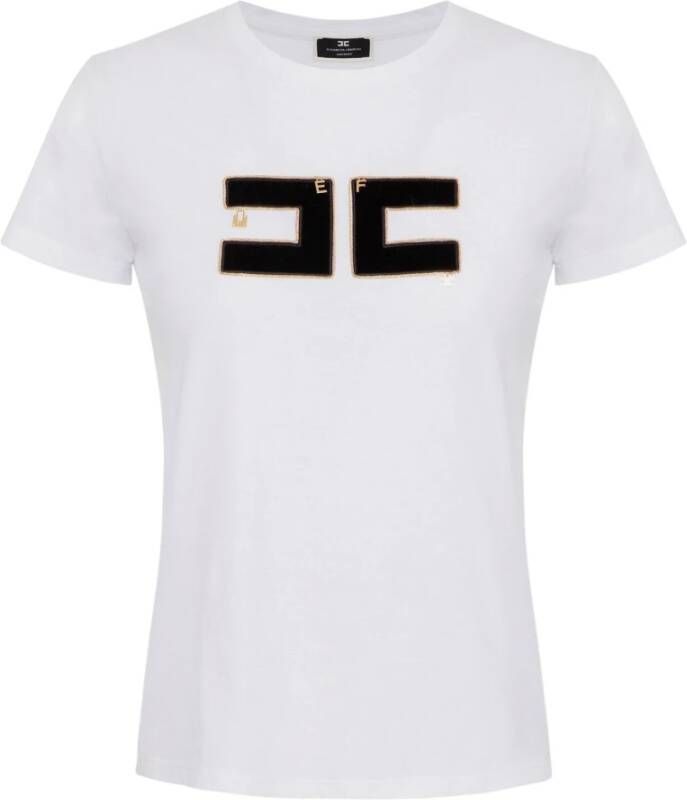 Elisabetta Franchi Jersey T-shirt met geborduurd fluwelen logo en gouden bedeltjes White Dames