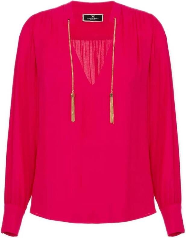 Elisabetta Franchi Fuchsia Georgette V-Hals Shirt met Geborduurde Oogjes Roze Dames