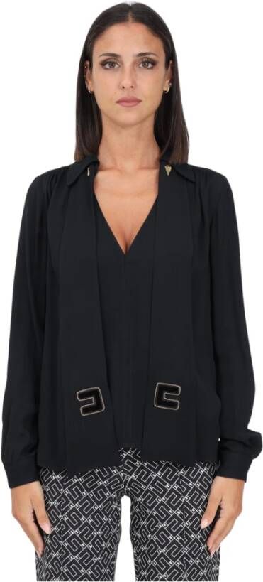 Elisabetta Franchi Zwarte Georgette Viscose Shirt met Fluweel Logo Sjaal Black Dames