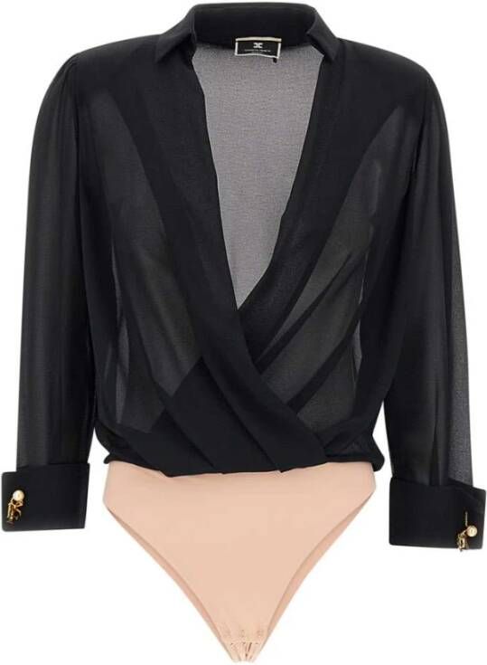 Elisabetta Franchi Zwart Georgette Body Shirt met Opgevulde Schouders Black Dames