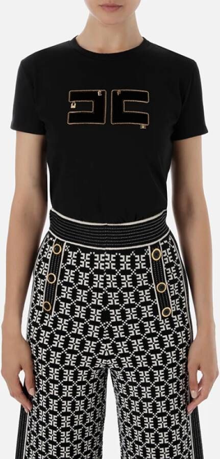 Elisabetta Franchi Katoenen Jersey T-Shirt met Geborduurd Fluweel Logo Black Dames