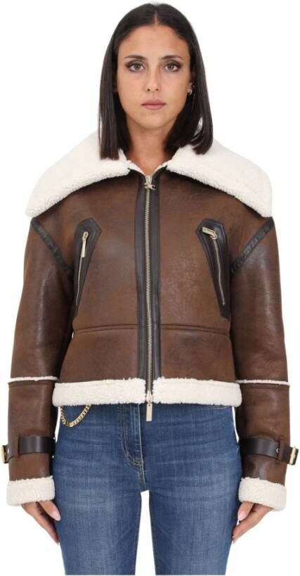 Elisabetta Franchi Shearling Crop Jas met Gestructureerde Kraag en Gesp Mouwen Brown Dames