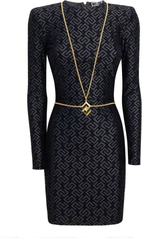 Elisabetta Franchi Zwarte jurk met logo patroon en gouden ketting accessoire Black Dames