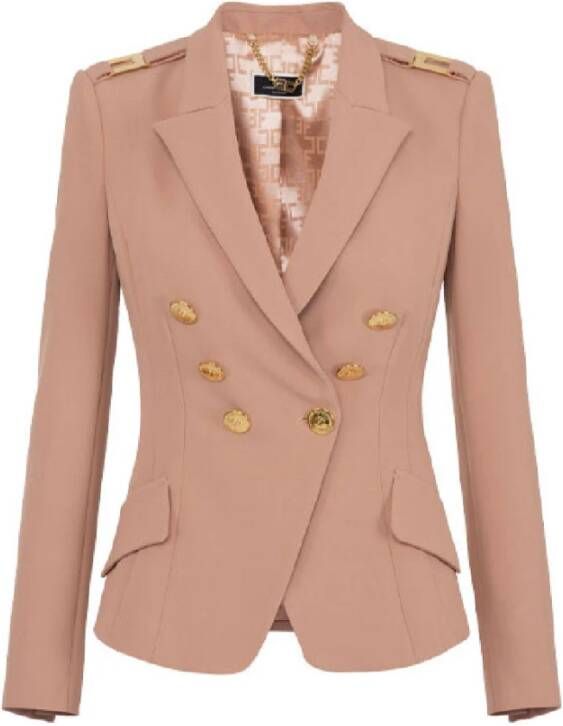 Elisabetta Franchi Dubbelbreasted Crêpe Jas met Gouden Logo Details Bruin Dames