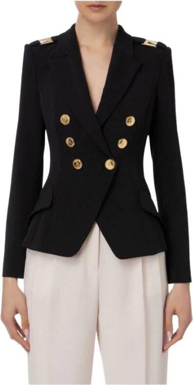 Elisabetta Franchi Dubbelbreasted Crêpe Jas met Gouden Logo Details Zwart Dames