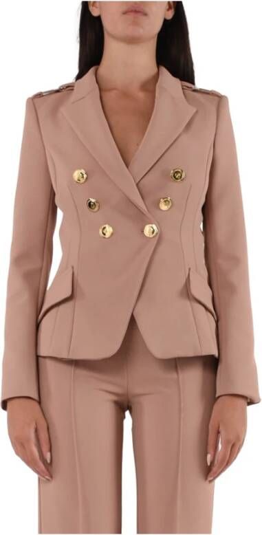 Elisabetta Franchi Dubbelbreasted Stretch Crêpe Jas met Gouden Logo Platen Roze Dames