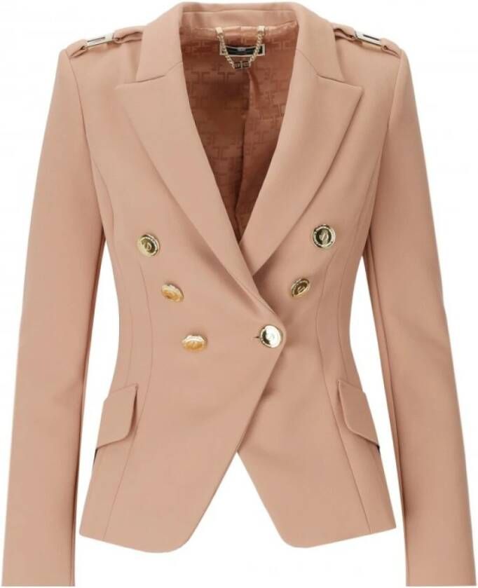 Elisabetta Franchi Dubbelrijige stretch crêpe jas met gouden metalen logoplaten Beige Dames
