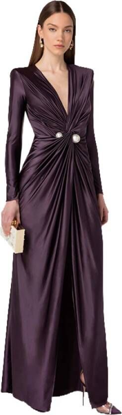 Elisabetta Franchi Paarse Lange Jurk met Gedrapeerde Taille en Parel Detail Purple Dames
