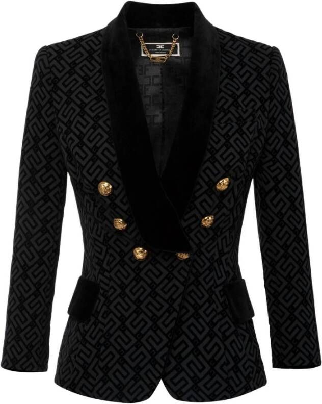 Elisabetta Franchi Elegante Zwarte Blazer met Fluweel Revers en Logo Print Zwart Dames