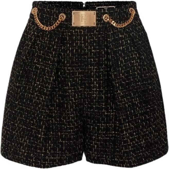 Elisabetta Franchi Hoge taille Tweed Shorts met kettingen en logo plaat Zwart Dames