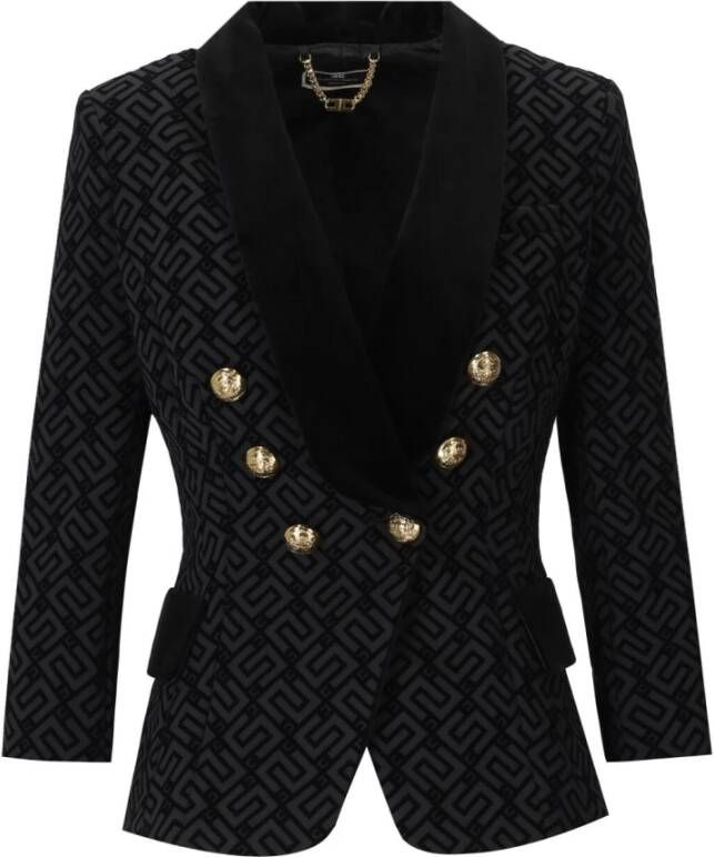 Elisabetta Franchi Elegante Double-Breasted Crêpe Stretch Jas met Fluweel Revers Black Dames