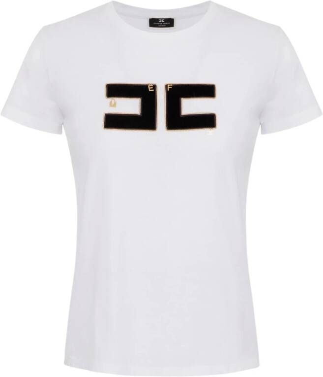Elisabetta Franchi Katoenen Jersey T-shirt met Geborduurd Fluweel Logo White Dames
