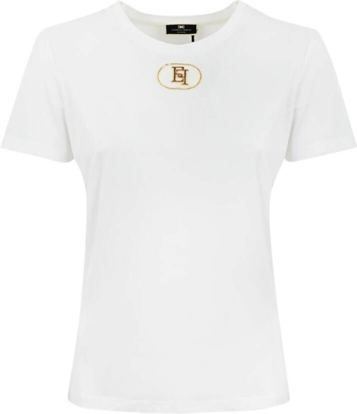 Elisabetta Franchi Katoenen T-shirt met Metalen Applicatie en Fluweel Detail White Dames