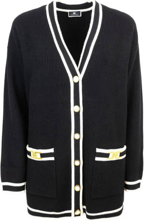 Elisabetta Franchi Zwarte Sweater Cardigan Loose Fit V-Hals Voorste Knoop 6 Knopen Gouden Logo Applicatie Zakken Zwart Dames