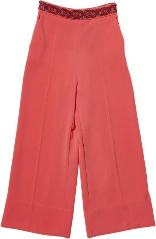 Elisabetta Franchi Koraalrode polyester broek met zijrits en strass taille Oranje Dames