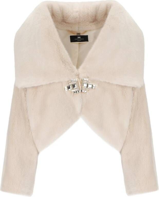 Elisabetta Franchi Korte jas van crèmekleurig synthetisch bont met juweelversierde sluiting White Dames