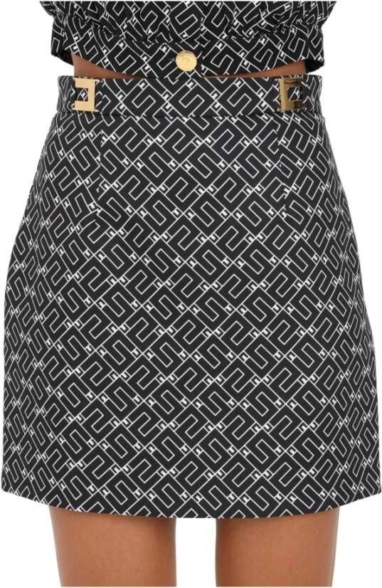 Elisabetta Franchi Korte Zwarte Rok met All-Over Print en Gouden Metalen Logo Platen Black Dames