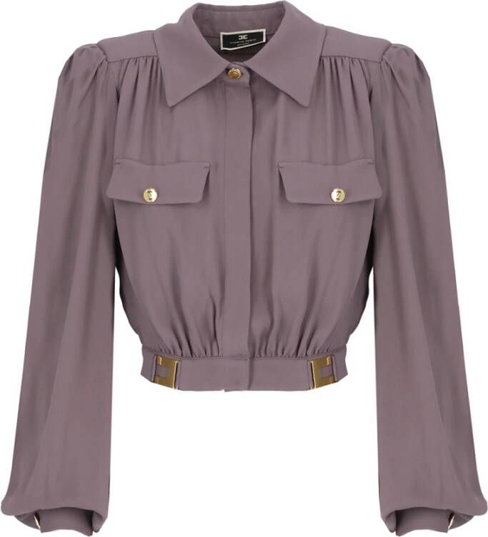 Elisabetta Franchi Paarse Georgette Crop Shirt met Geplooide Mouwen Purple Dames