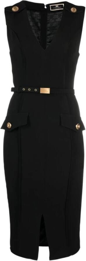 Elisabetta Franchi Zwarte Midi Jurk met Riem Zwart Dames